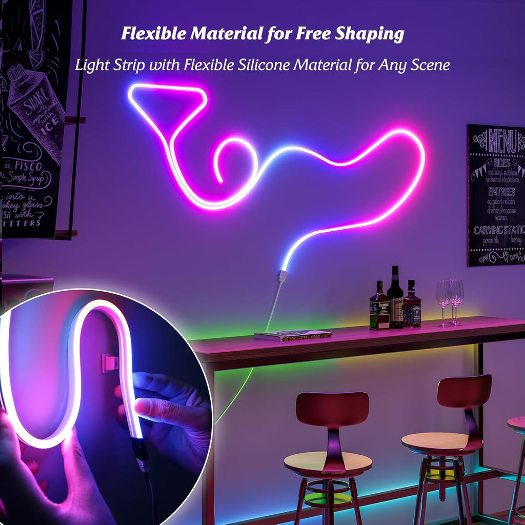 FLYNGO 5 Meter Smart RGB Neon LED Strip Lights with App & Remote Control, USB Powered, Waterproof & Flexible Music Sync Rope Light for Room, Gaming, Party, Diwali & Home Decoration (5 Meter Neon)