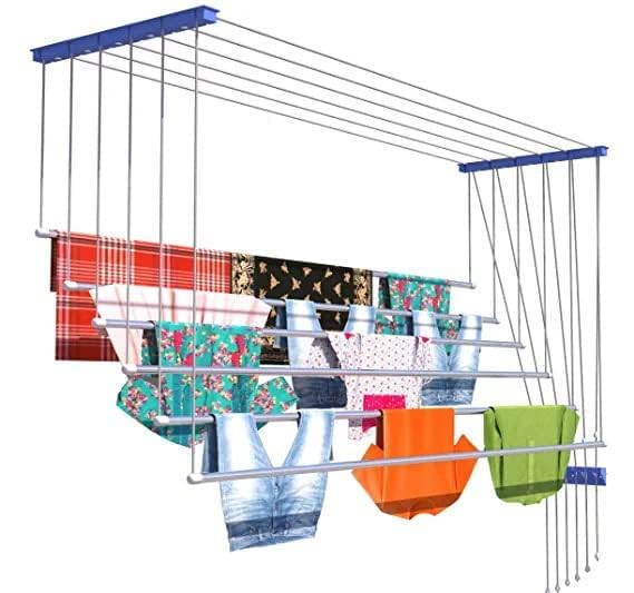 Skywave Luxury Premium Rust Proof Stainless Steel Ceiling Clothes Dryer Hanger with UV Protected Nylon Ropes Individual dropdown, Clothes Drying Rack for Balcony Iron Bracket (3 FEET 6 Pipes)