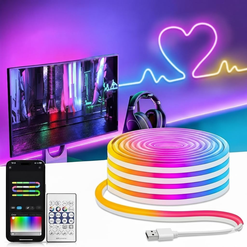 FLYNGO 5 Meter Smart RGB Neon LED Strip Lights with App & Remote Control, USB Powered, Waterproof & Flexible Music Sync Rope Light for Room, Gaming, Party, Diwali & Home Decoration (5 Meter Neon)